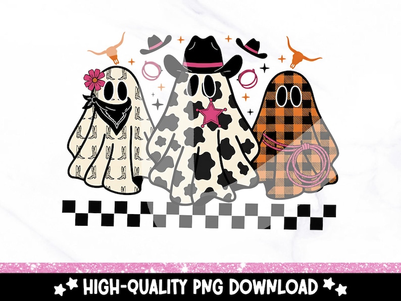 May include: A digital graphic featuring three cartoon ghosts with a Western theme. One ghost is patterned with cowboy boots, another with cow spots, and the third with orange and black plaid. The image includes cowboy hats, a sheriff's star, and a lasso.