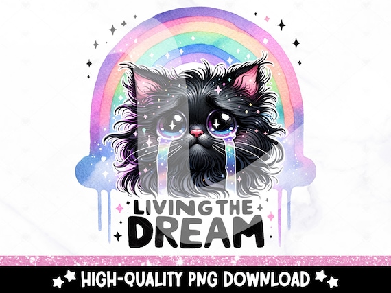 Living the Dream Cat PNG, Whimsical Quirky Cat Clipart, Snarky Cat Sublimation Design, Stressed Out PNG, Funny Black Cat DTF Transfer, Mug