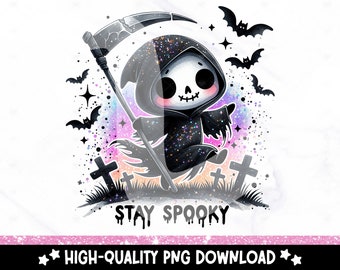 Stay Spooky PNG, Cute Halloween Clipart, Spooky Skeleton Sublimation Design, Dancing Grim Reaper Graveyard DTF Transfer Design, Tumbler Wrap