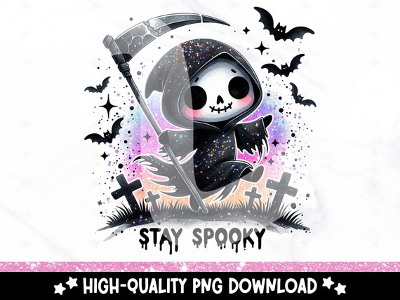 Stay Spooky PNG, Cute Halloween Clipart, Spooky Skeleton Sublimation Design, Dancing Grim Reaper Graveyard DTF Transfer Design, Tumbler Wrap