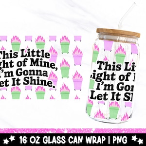 May include: A clear glass can-shaped tumbler with a bamboo lid and a straw. The tumbler features a repeating pattern of green and pink graphics with the text "This Little Light of Mine, I'm Gonna Let It Shine."