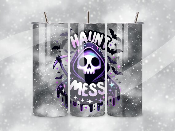 Haunt Mess Tumbler Wrap, Snarky Skeleton PNG, Funny Halloween Skinny 20 oz Tumbler Sublimation Design, Spooky Grim Reaper Seamless Wrap