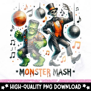 Op de afbeelding: Een digitale illustratie van een groene Frankenstein-monster en een skelet in smoking die dansen met discoballen en muzieknoten. De tekst "Monster Mash" staat in oranje en zwarte letters onder de dansende figuren.