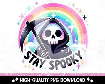 Stay Spooky Reaper Skeleton PNG: Trendy Graphic Tee Design (Digital Download)
