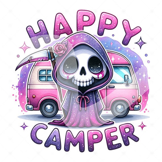 Happy Camper PNG, Grim Reaper Camping Clipart, Funny Camping Sublimation Design, Happy Camper DTF Transfer File, Tumbler Wrap, Spooky Shirt