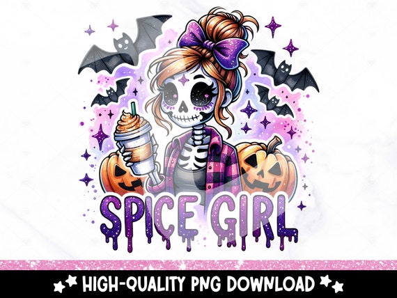 Pumpkin Spice Girl PNG, Cute Fall Coffee Clipart, Halloween Tshirt Sublimation, UV DTF Transfer File, Skeleton Coffee Design, Autumn Shirt