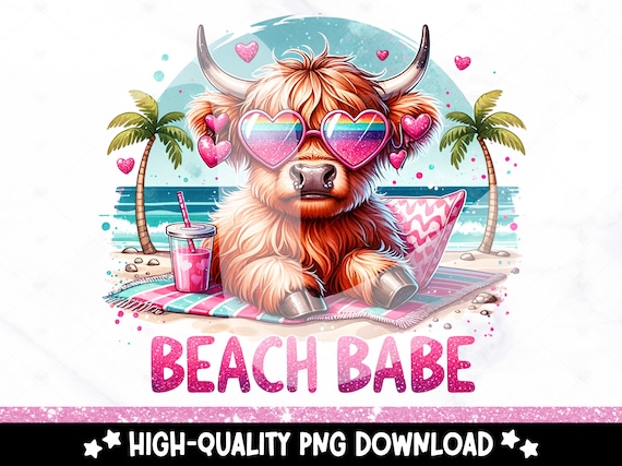 Beach Babe Highland Cow PNG, Funny Heifer Cow Clipart, Cute Highland Cow Sublimation Design, Summer Vibes Vacation DTF Transfer, Shirt File