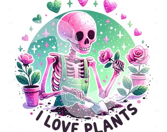 Esqueleto divertido de jardinería PNG: Clipart de amante de las plantas (Descarga digital)
