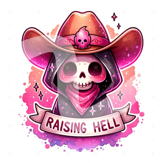 Raising Hell PNG, Spooky Cowboy Clipart, Funny Southern Phrase Png, Country Retro Vintage T-Shirt Graphic, Western Grim Reaper DTF Transfer