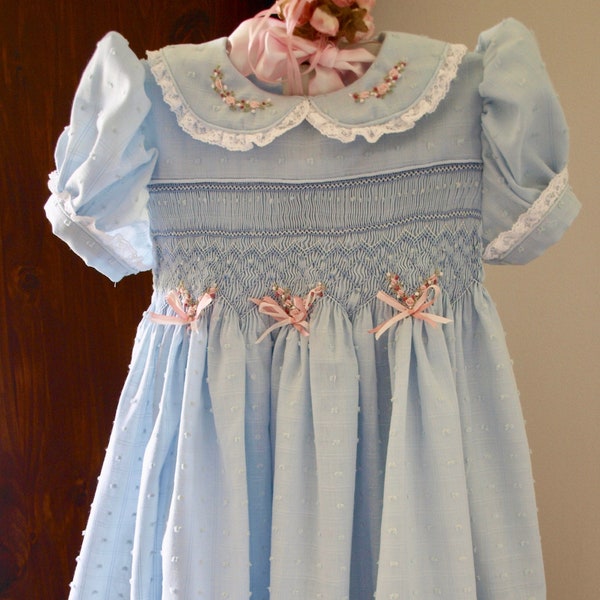 Girls Blue Dotted Swiss Type Poly/Cotton Hand Smocked Dress in Size 4