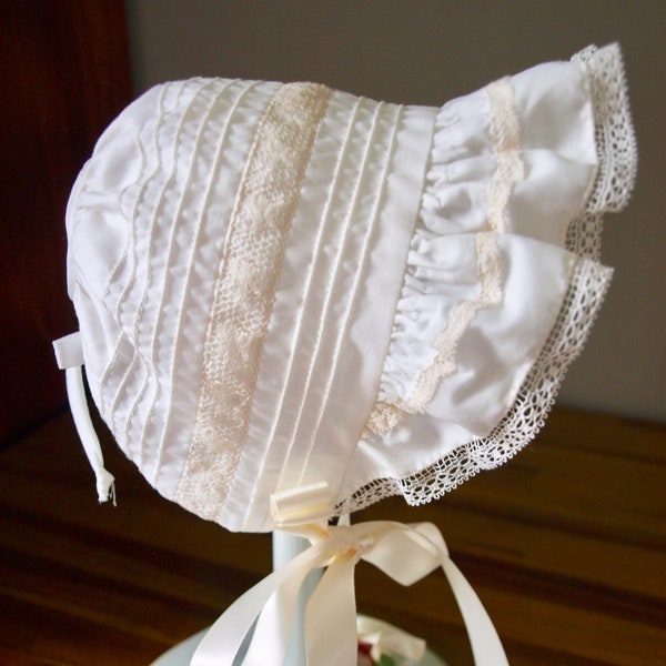 Ivory Cotton Voile Lace Trimmed Baby Bonnet - Size NB