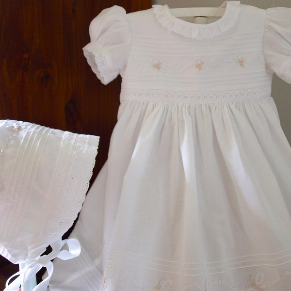 Baby Girls White Cotton Voile Hand Embroidered Dress and Bonnet - Size 6 months