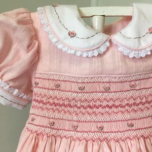 Girls Pink Textured Cotton Hand Smocked Dress in Size 18 - 24 months