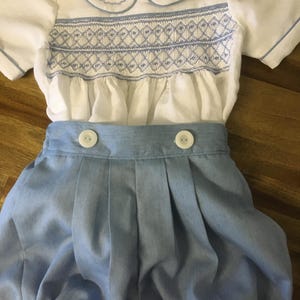 Hand Smocked Blue and WhiteCotton  Boys Button-On Crawler Suit - Size 12 to 18 months
