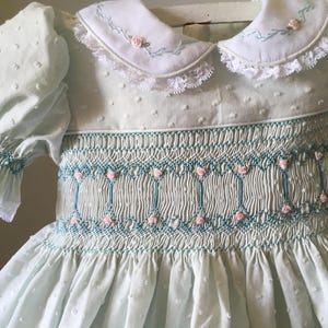 Girls Soft Mint Dotted Swiss Type Cotton Hand Smocked Dress in Size 12 months