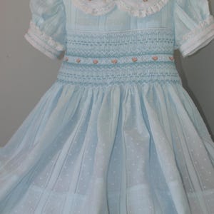 Girls Hand Smocked & Embroidered Blue Ice Clipped Spot Cotton Dress in Size 2