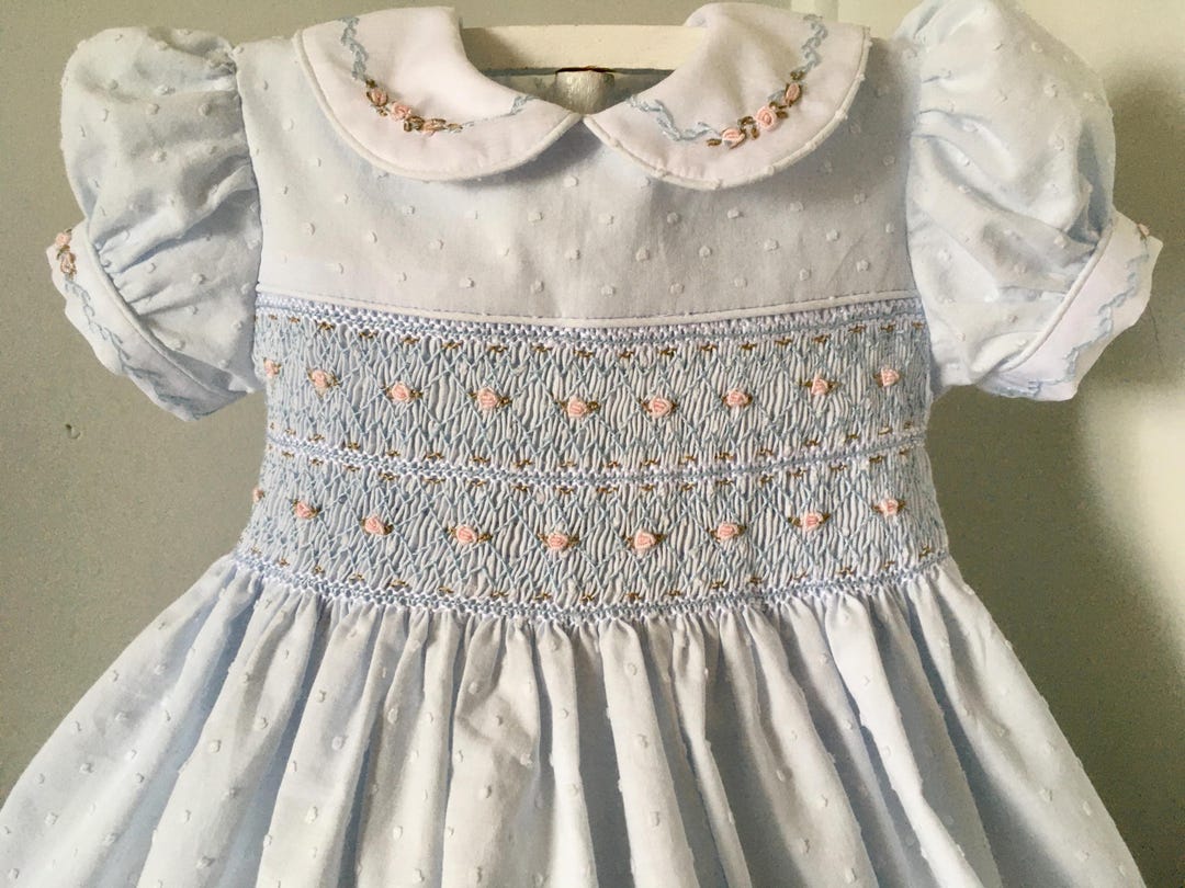Denby Check Hand Smocked Double Breasted Short Sleeve Dress in Blue (12mths-10yrs)