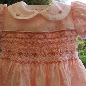 Hand Smocked and Embroidered Pink Clipped Spot Cotton Baby Girls Dress Size 3-6 months