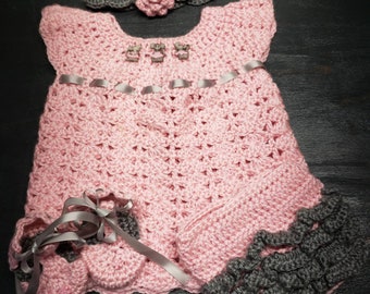 Baby Girl Crocheted Dress Set, Pink Baby Girl Dress Set, 0-3 Months Baby Girl Dress Set, Crochet Matching Baby Girl Dress Set. Take Home Set