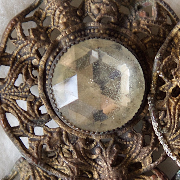 FOUR vintage filagree oxidized brass buttons -metal lace - steampunk - boho - costume chic - elegant art