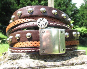 Studded Leather Wrap Bracelet | Magnetic Clasp | Explorer Bracelet | Nautical