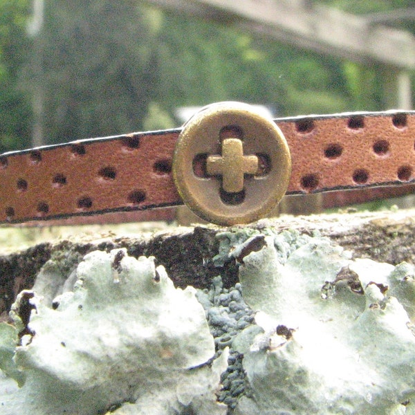 Kid's Leather Bracelet w. Antique Brass Button Focal | Magnetic Clasp |  Perforated Leather, Ric Rac Leather Options