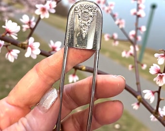 Jumbo Safety Pin Keychain: Antique Silver Spoon Charm, Scarf/Hat Pin