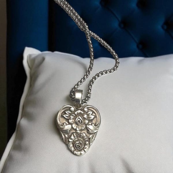 Upcycled Silverware Heart Pendant: Floral Spoon Jewelry, 24" Chain