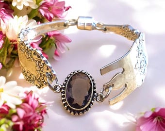 Pulseira artesanal em forma de garfo de ametista: Joia vintage banhada a prata