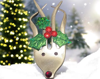 Handmade Rudolph Reindeer Ornament: Repurposed Silver Plated Fork, Christmas ornament