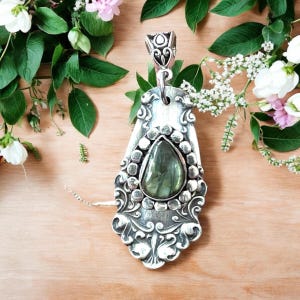 Labradorite  Spoon Pendant | Spoon Necklace |  Silverware jewelry | Vintage Pendant , Spoon Necklace, Silver flower, labradorite jewelry