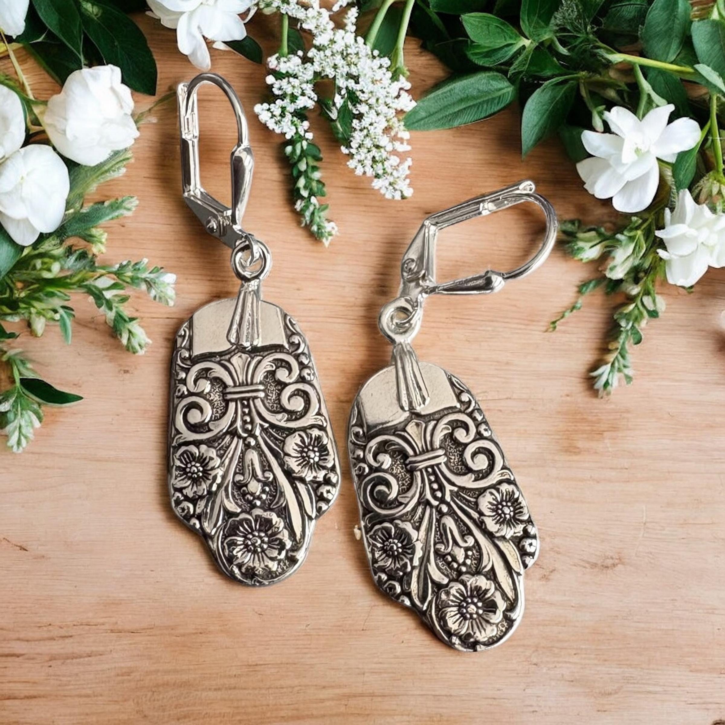 1941年製 銀メッキスプーンイヤリング、花柄シルバージュエリー - Etsy