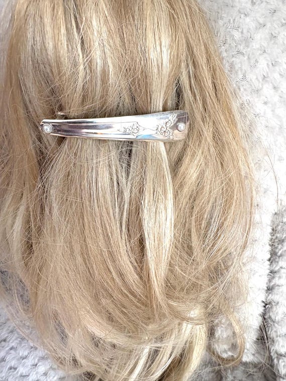 Two antique silverware barrettes handmade by local artisan clips made in France. Vintage Silverware Hair Barrettes - Handcrafted Unique  main image 4