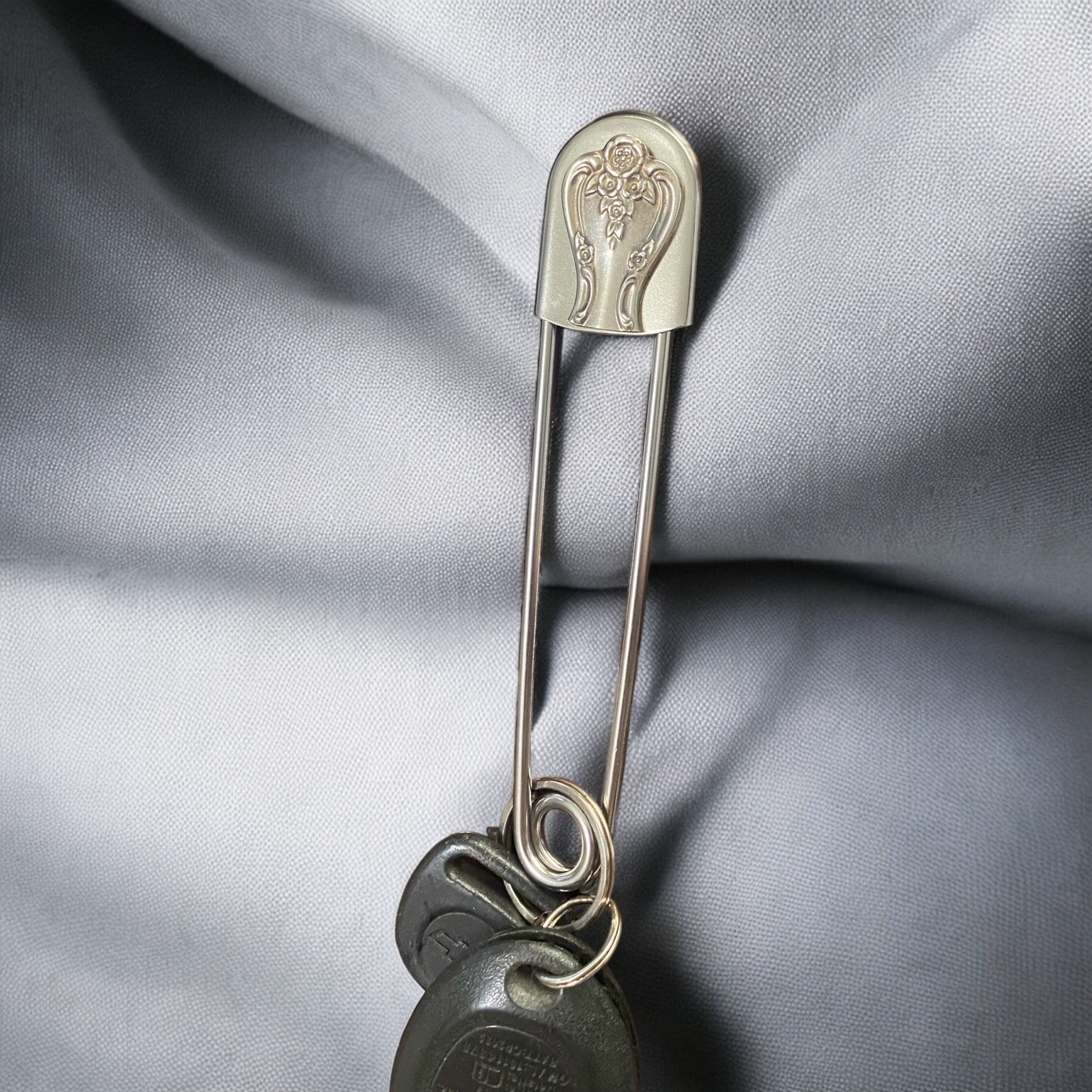 Jumbo Safety Pin Keychain with antique silver plated spoon end, Scarf pin, hat pin, key holder, Magnolia, kilt pin