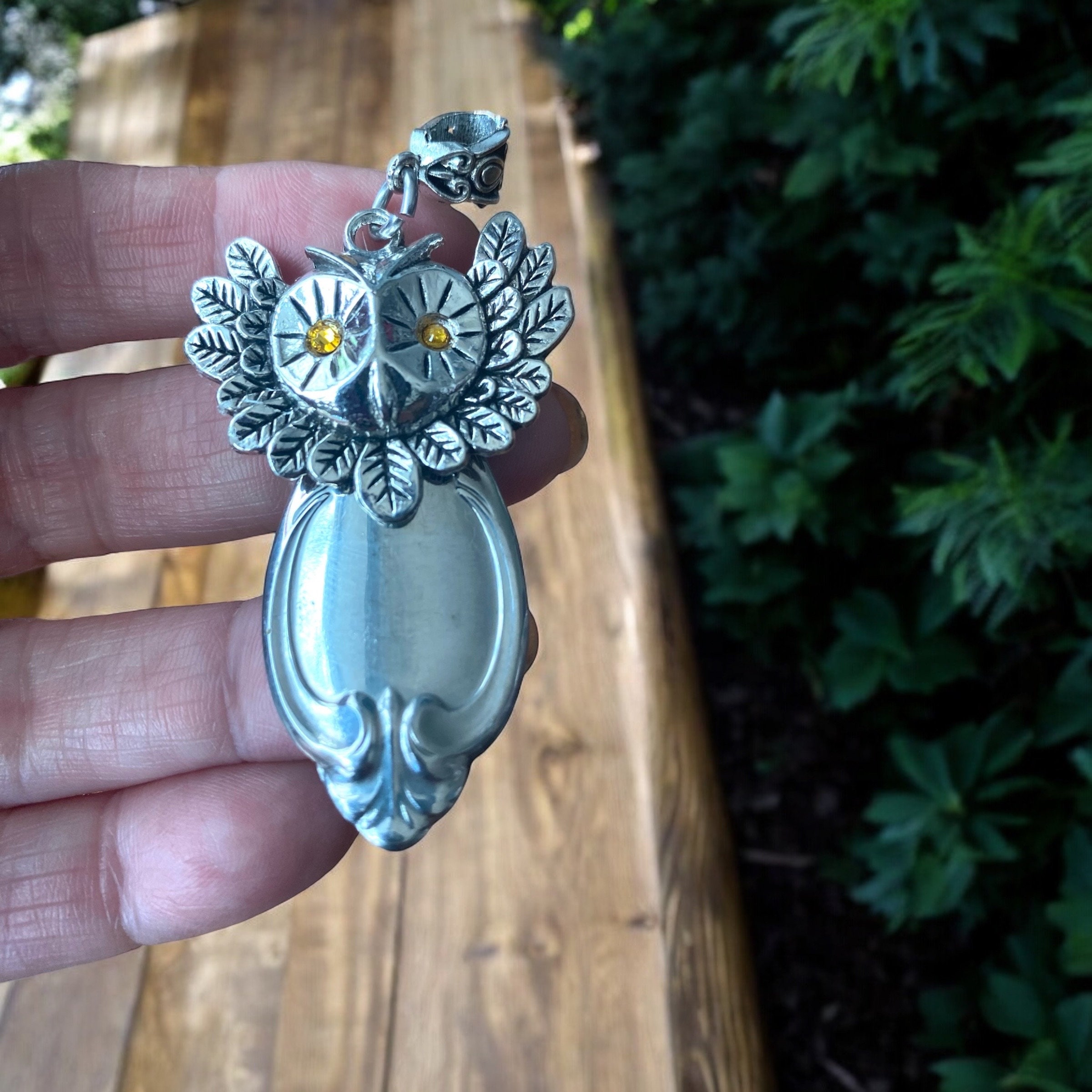 Handmade Silverware Owl Pendant Necklace: Swarovski Crystal Eyes
