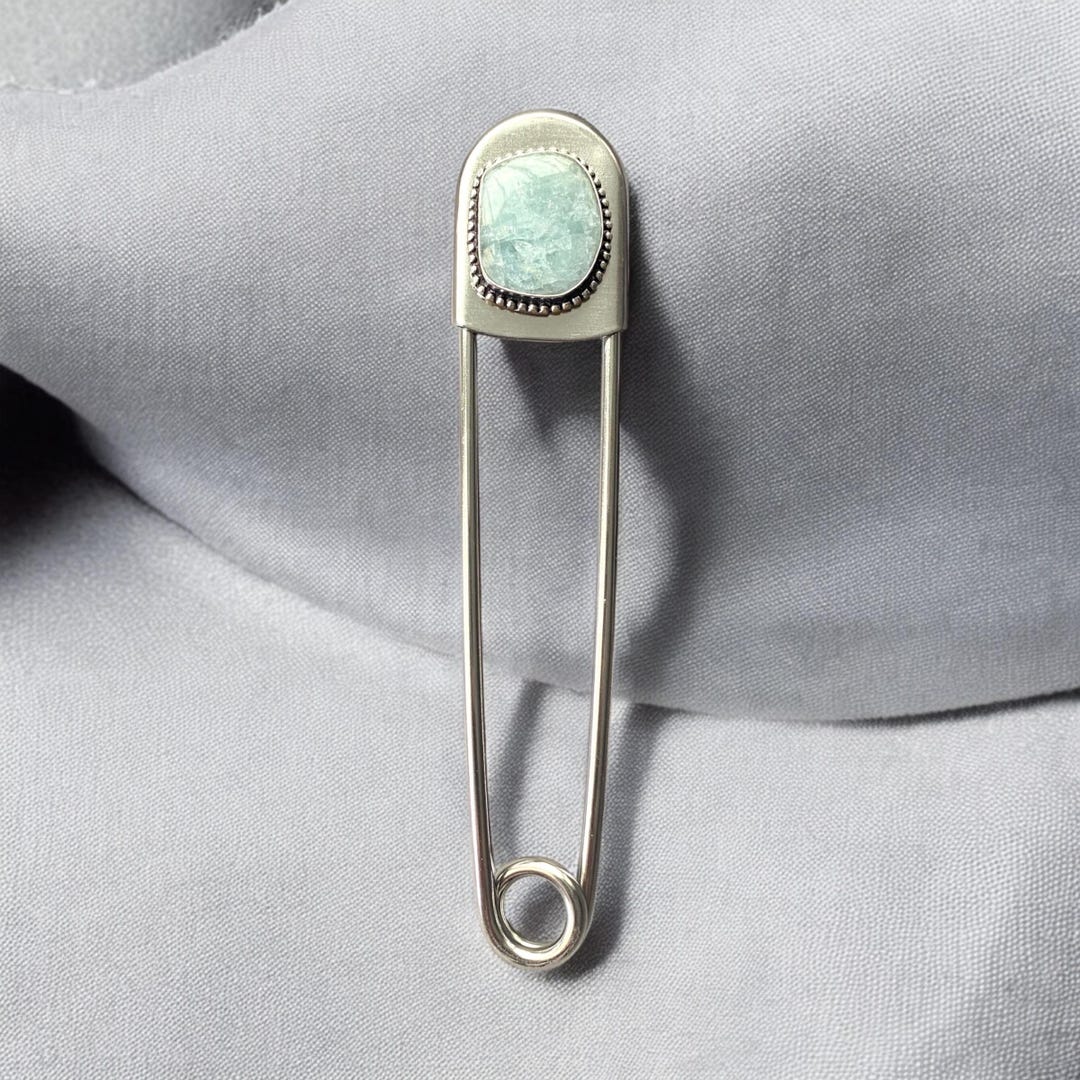 Jumbo Safety Pin Keychain With Aquamarine Scarf Pin, Hat Pin, Key