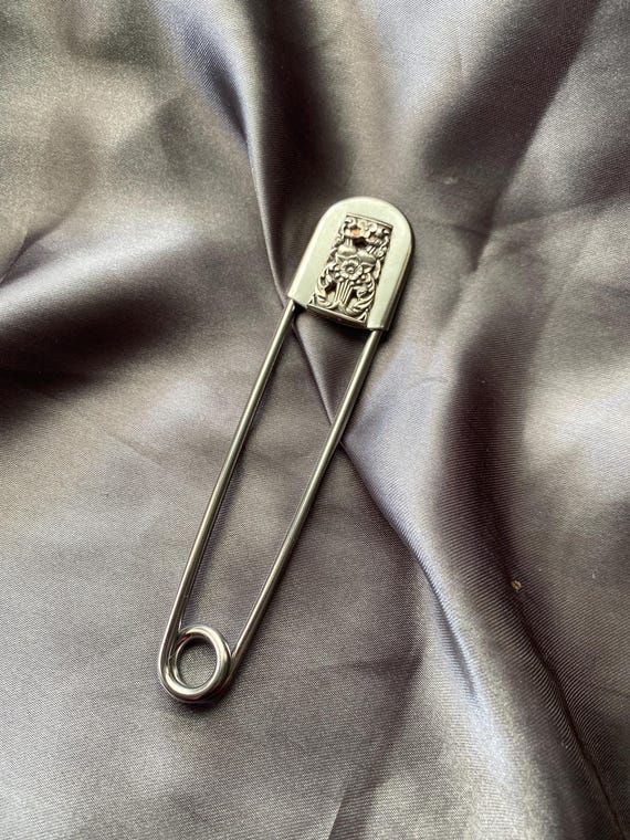 Jumbo Safety Pin Keychain: Antique Silver Spoon End, Scarf/hat Pin