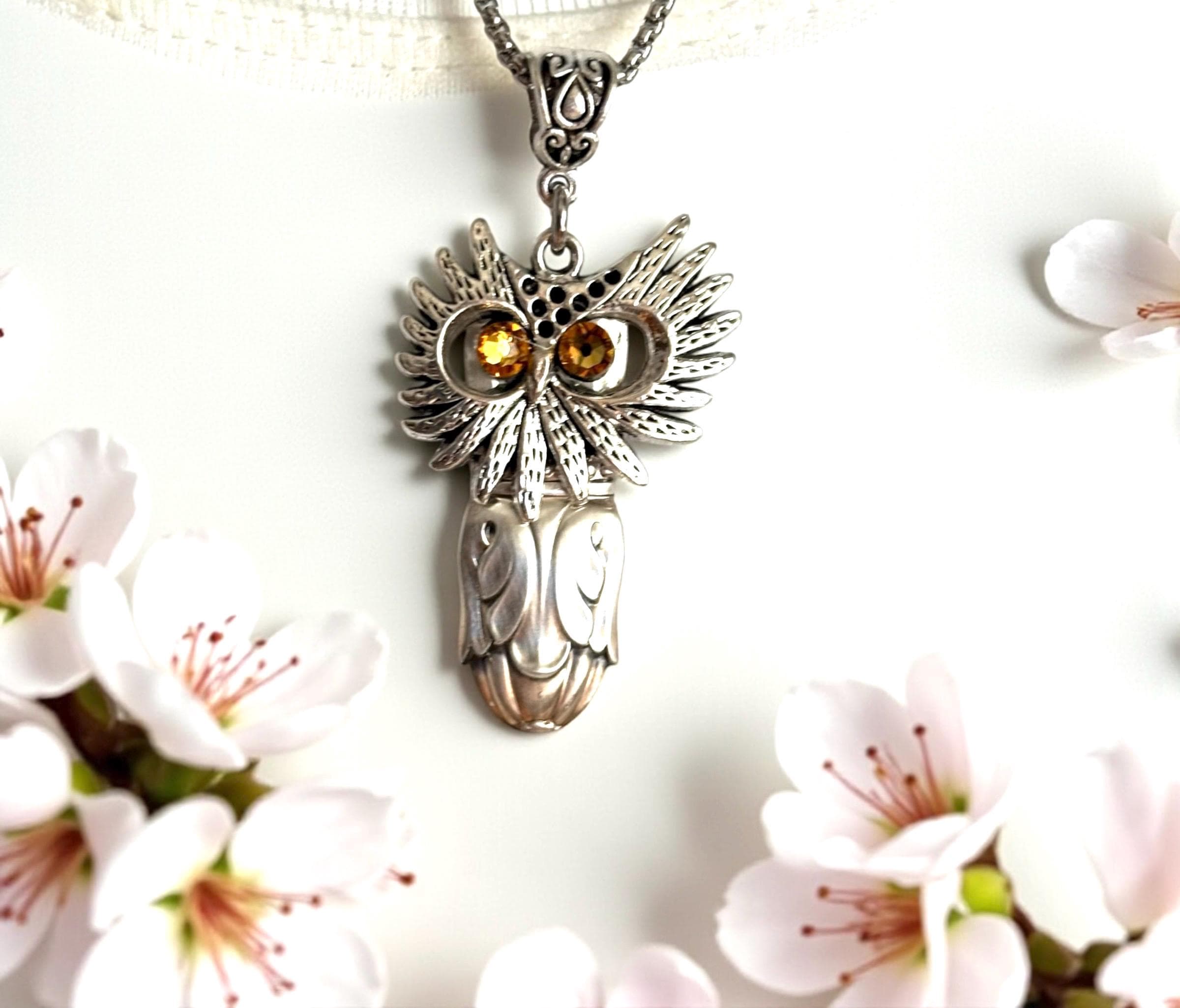 Handmade Silverware Owl Pendant Necklace: Swarovski Crystal Eyes