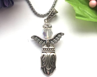 Spoon angel pendant necklace,  angel necklace, silver angel, repurposed angel, spoon jewelry, gift for angel lover, angels