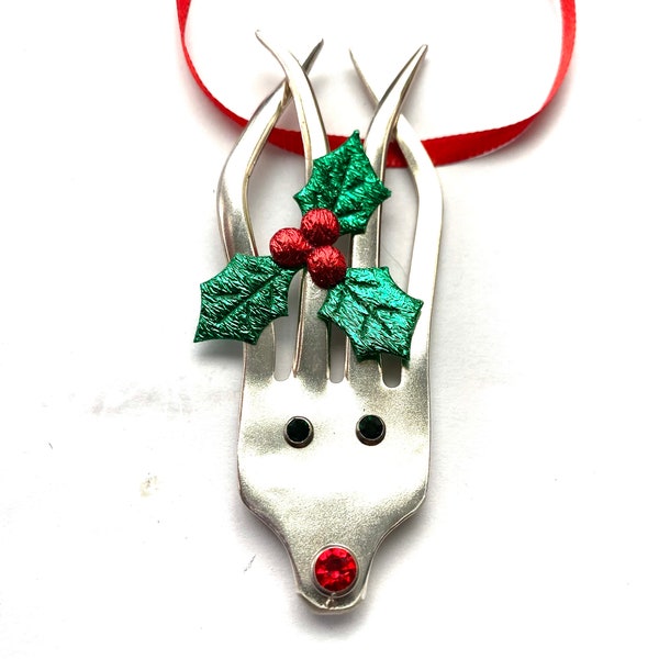 Rudolph Christmas Ornament, repurposed Christmas ornament, Rudolph fork ornament, Reindeer ornament, handmade ornament, reindeer ornament