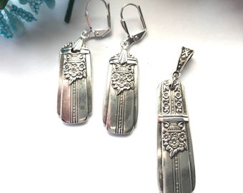Handmade Silverware Jewelry Set: Spoon Pendant Necklace & Earrings