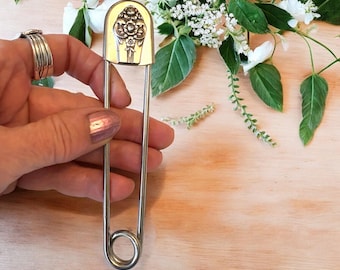Jumbo Safety Pin Keychain: Antique Silver Spoon End, Scarf/Hat Pin