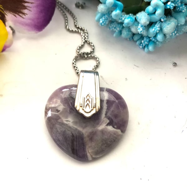 Amethyst Heart Pendant: Vintage Silver-Plated Bail, Stainless Steel Chain