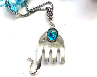 Elephant fork necklace, Elefork necklace, Elephant pendant, Fork Jewelry, Silver Elephant, Abalone shell and silver elephant, eco friendly