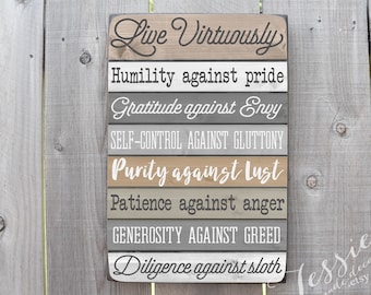 Seven Virtues Wood Sign - 7 Virtues - Catholic Decor - Catechism - Christian Virtues Sign - Christian Sign- Pope Gregory - Tessie Made Decor