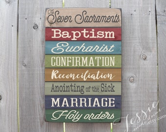 Catholic Seven Sacraments Wood Sign – Christian Home Decor