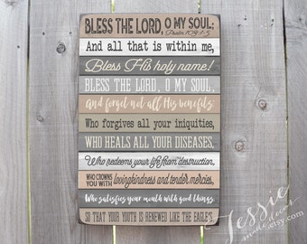 Bless the Lord O My Soul Sign Brown White Gray Colors - Bible Verse - Psalm 103,1-5 - Christian Home Decor - Scripture - Tessie Made Decor