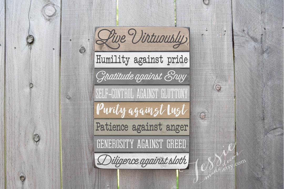 Seven Virtues Wood Sign 7 Virtues Catholic Decor Catechism Christian Virtues Sign Christian Sign