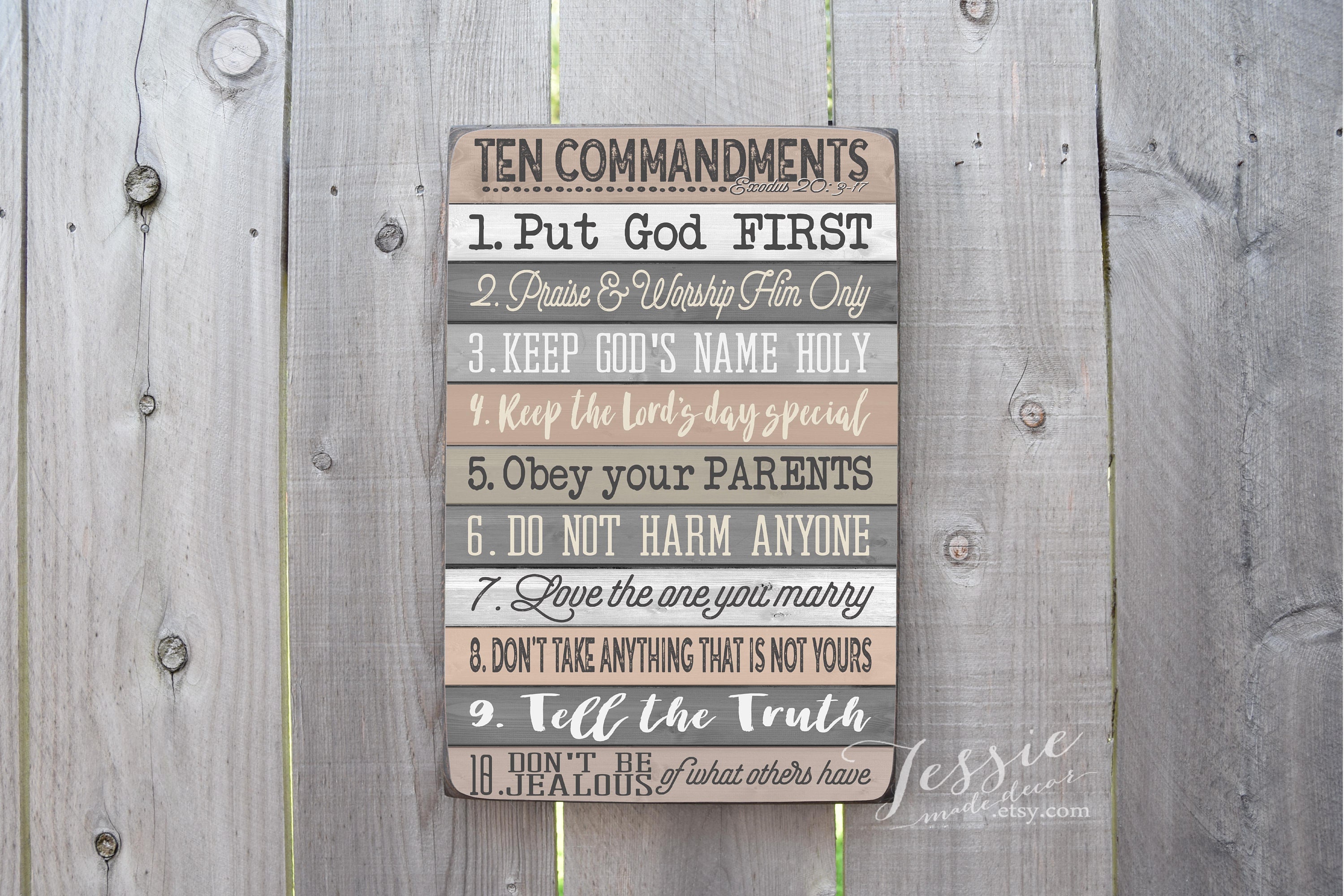 Ten Commandments Brown White Gray - 10 Commandments Sign - Exodus 20:3-17 - Bible Verse - Christian Decor - Scripture - Tessie Made Decor
