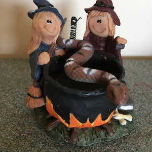Witches around cauldron tea light holder, Crazy Mountain Tea light, vintage